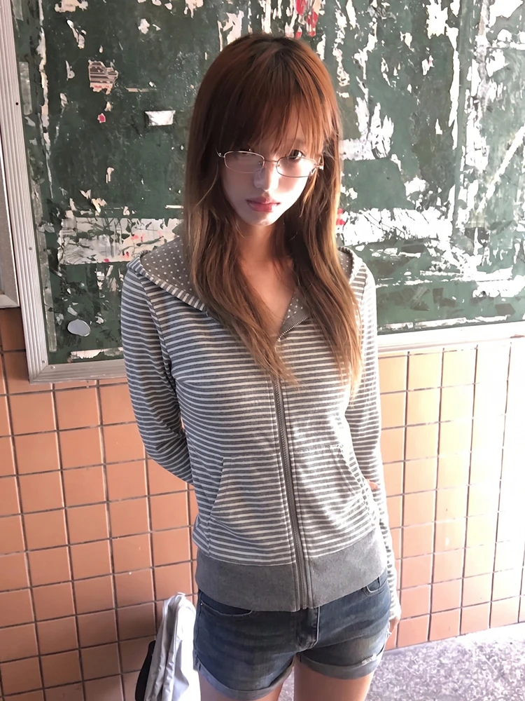 Tonngirls Y2k Japanische gestreifte Kapuzenpullover für Damen, langärmelig, Vintage-Oberteile, Streetwear, amerikanische Retro-Kapuzenpullover mit Reißverschluss, Fairycore 2000er Jahre – Detail 8