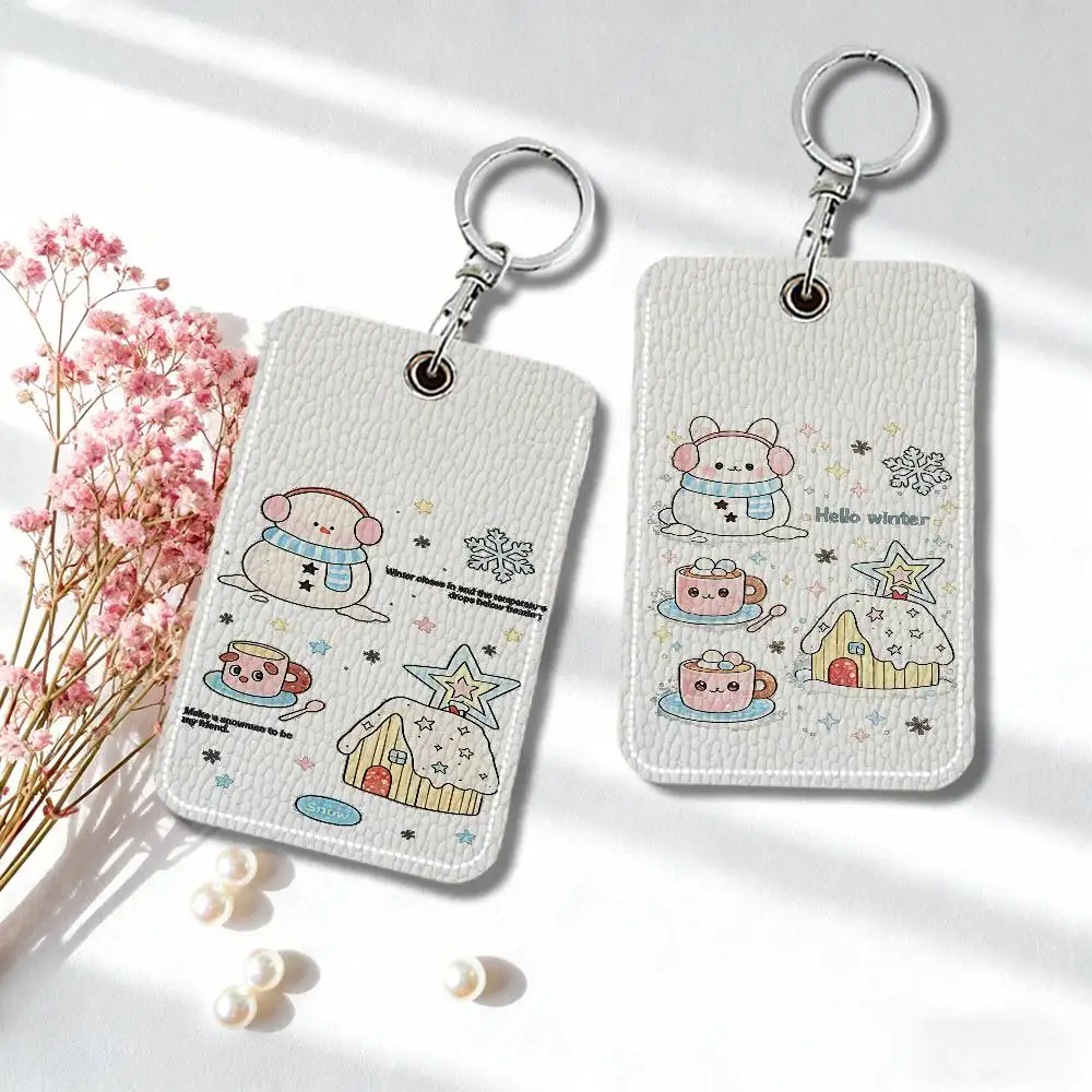 Snowman Star Winter Girl Cartoon Card Holder Leather Card Storage Box Key Chain Access Tag Holder ID Card Holder Key Chain