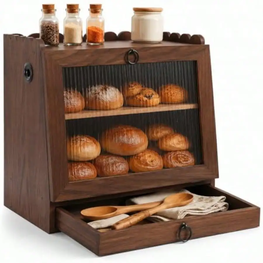 Free Shipping Bread Box For Kitchen Countertop Wooden Double Layer Bread Storage Container Bin Breadbox Holder Large Capacity Keeper Vintage Farmhouse Food Organizer (Brown, Large)