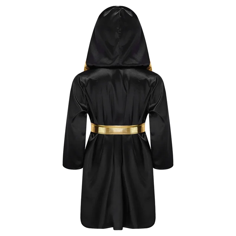 Kids Boys Boxing Robe Halloween Party Boxer Cosplay Costume Long Sleeve Open Front Metallic Trim Satin Hooded Cloak with Belt