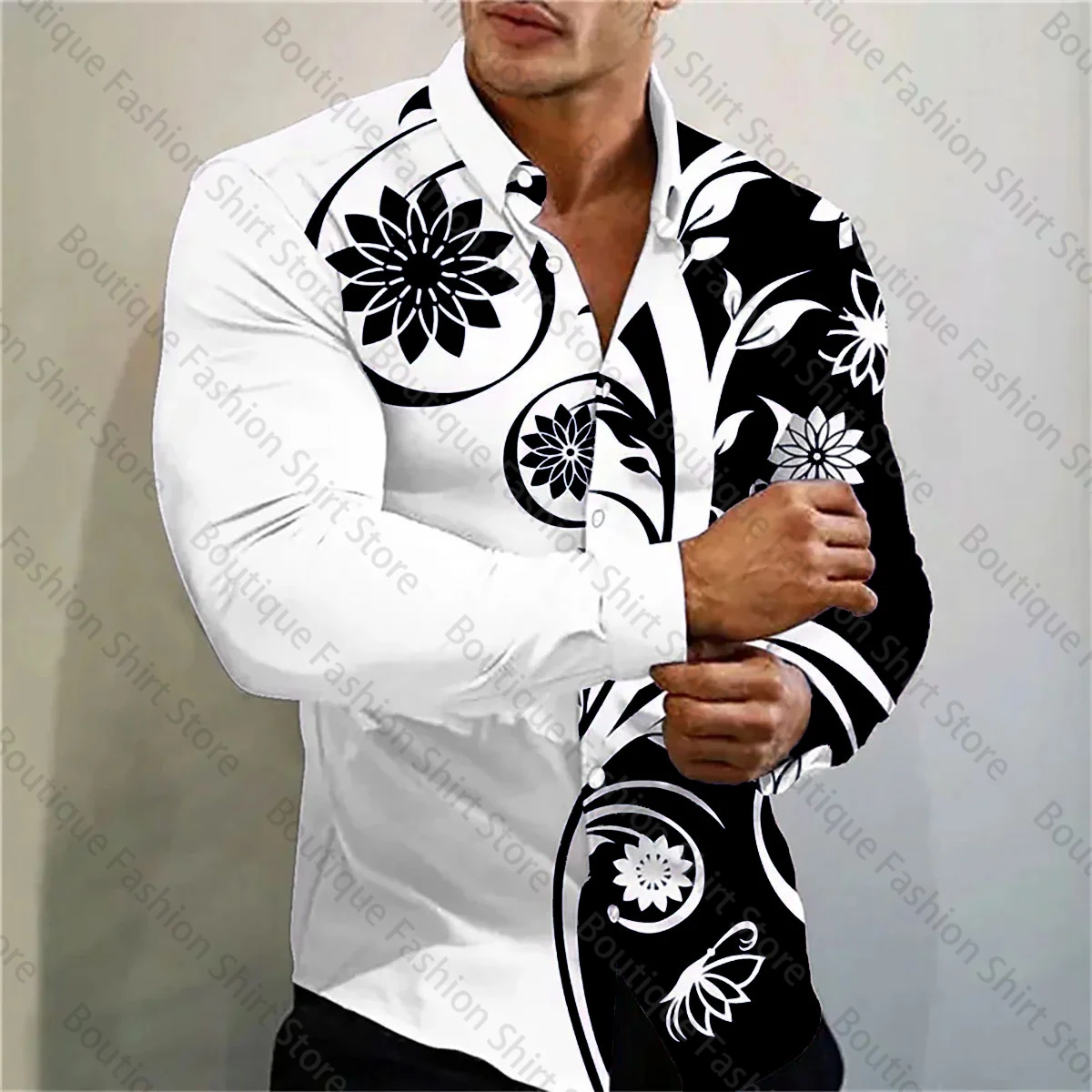 2024 new multi-color flower printed fashion shirt, for social gatherings, men\'s lapel long-sleeved shirts increase XS-6XL