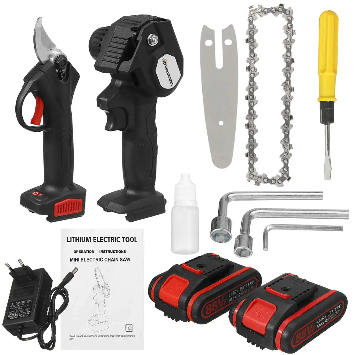 2 In 1 88VF 4นิ้ว Mini เลื่อยโซ่ไฟฟ้า30มม.ไร้สาย Pruner ไฟฟ้าเฉือนตัดไม้ Power เครื่องมือ2Pcs