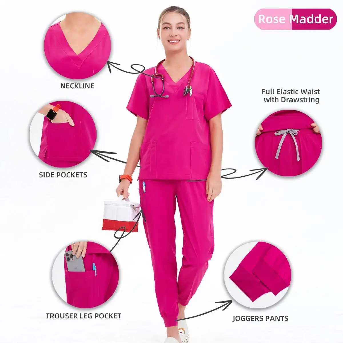 

Униформа медсестры Rose Madder, медицинские скрабы, топ с v-образным вырезом, брюки для бега, рабочая одежда для больничной клиники, комплект для ухода за зубами S