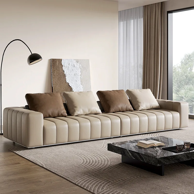 Minimalist first-floor leather sofa piano keys Modern luxury straight-line living room designer leather sofa cream style