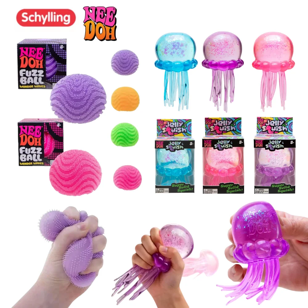 Trending Nee Doh Jellyfish & Fuzz Ball Soft Squish Toy, Soft Jelly Squeeze Stress Relief Fidget Toy, Sensory NeeDoh for Kids & A