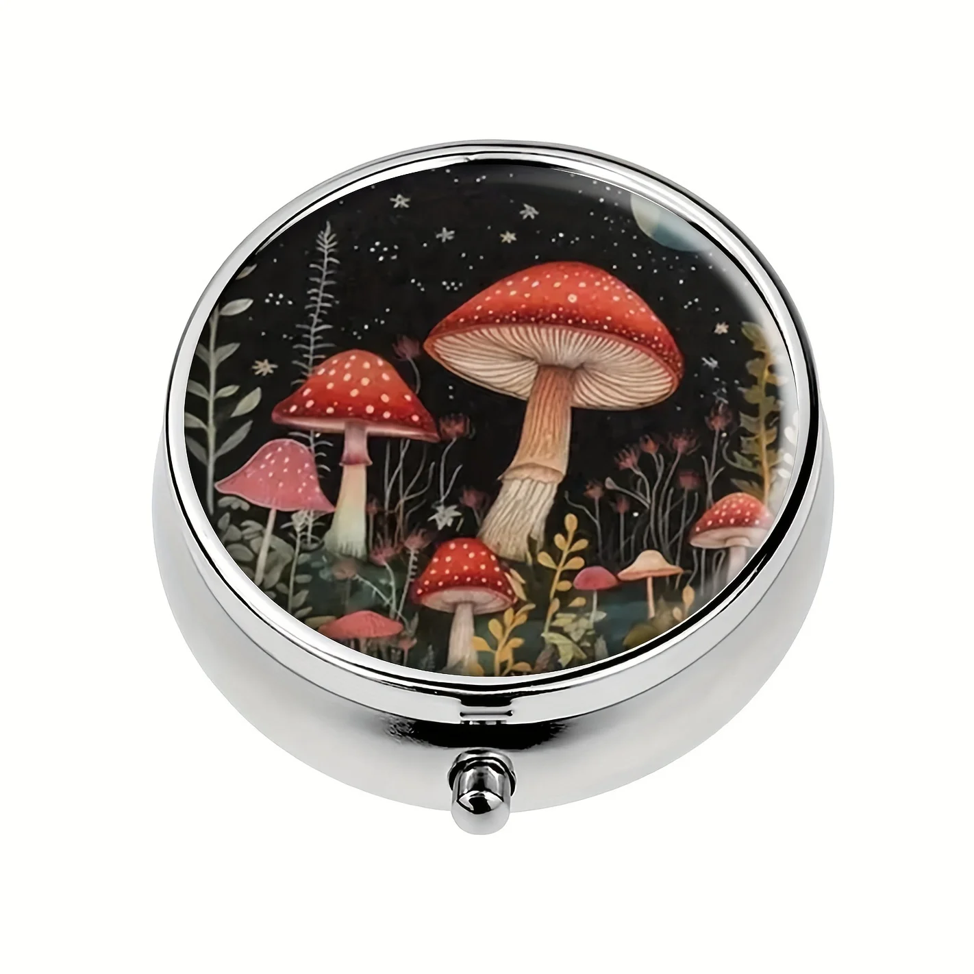 Starry Night Mushroom Round Pill Box,3 Compartments Pocket Wallet Pill Box,Travel Tablets Vitamin Holder Organizer Pill Box