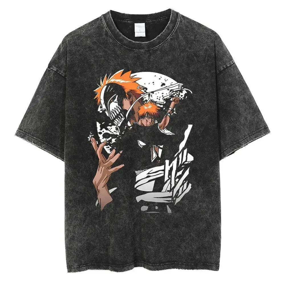 BLEACH Ichigo Kurosaki Hollow Mask Print T-shirt Black Washed Oversized Cotton Casual Streetwear Tee For Fans