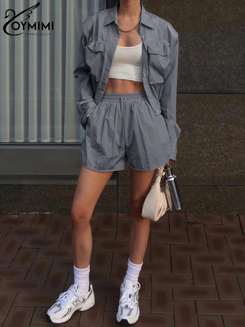 Oymimi Fashion Loose Gray Nylon 2 Piece Sets Women Outfit 2023 Elegant Long Sleeve Crop Shirt With High Waist Shorts Set Female