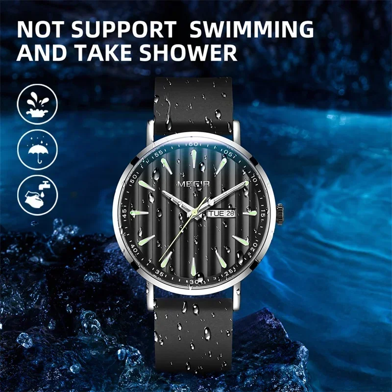 MEGIR Brand Silicone Strap Watch Men Waterproof Quartz Wristwatch Fashion Casual Striped Design Men Wristwatch Date Male Clock