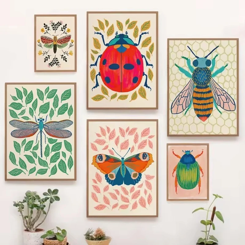 Butterfly Ladybug Dragonfly Bees Poster Prints Insect Art Canvas Painting Wall Art Picture for Kids Room Living Room Home Dec