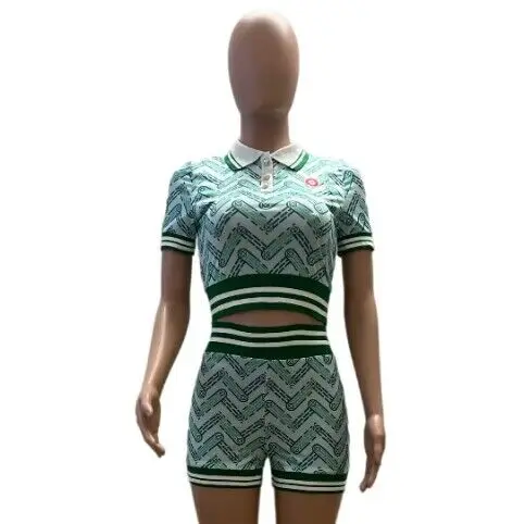 2 Pieces Set Sexy Dashiki African Fashion Women Set 2024 Female Tops Green Short Sleeve T-shirt And Elastic Waist Shorts Suit