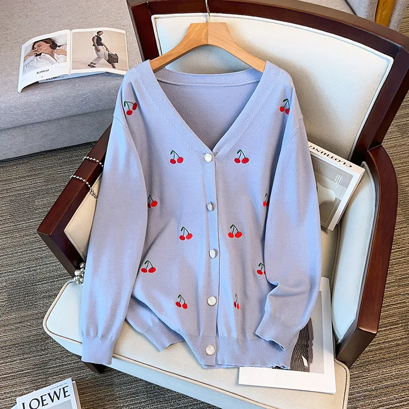 Plus Size damski biust 160 wiosna jesień luźny kardigan dekolt wiśniowy sweter dzianinowy płaszcz 5XL 6XL 7XL 8XL 9XL 10XL 170Kg