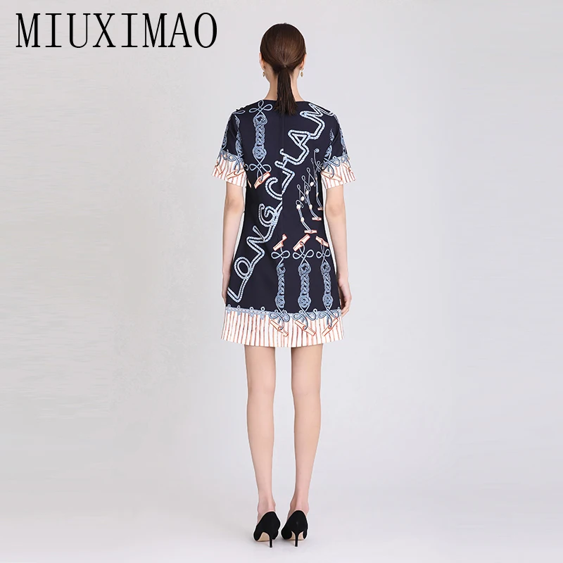 MIUXIMAO 2023 High Quality Spring&Summer Elegant Dress Short Sleeve O-Neck Jacquard Letter Fashion Mini Dress Women Vestide