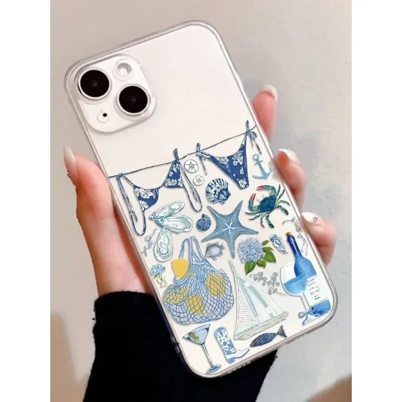 

Funny Blue Seafood Wine Glass Phone Case For iPhone 16 15 14 13 12 11 Pro Max Mini X XS XR SE 7 Plus Transparent Non-Slip Cover