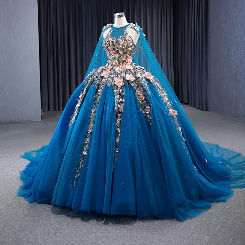 Lindo vestido Quinceanera gola alta com flores, vestido de baile, azul, 15 anos, 2023