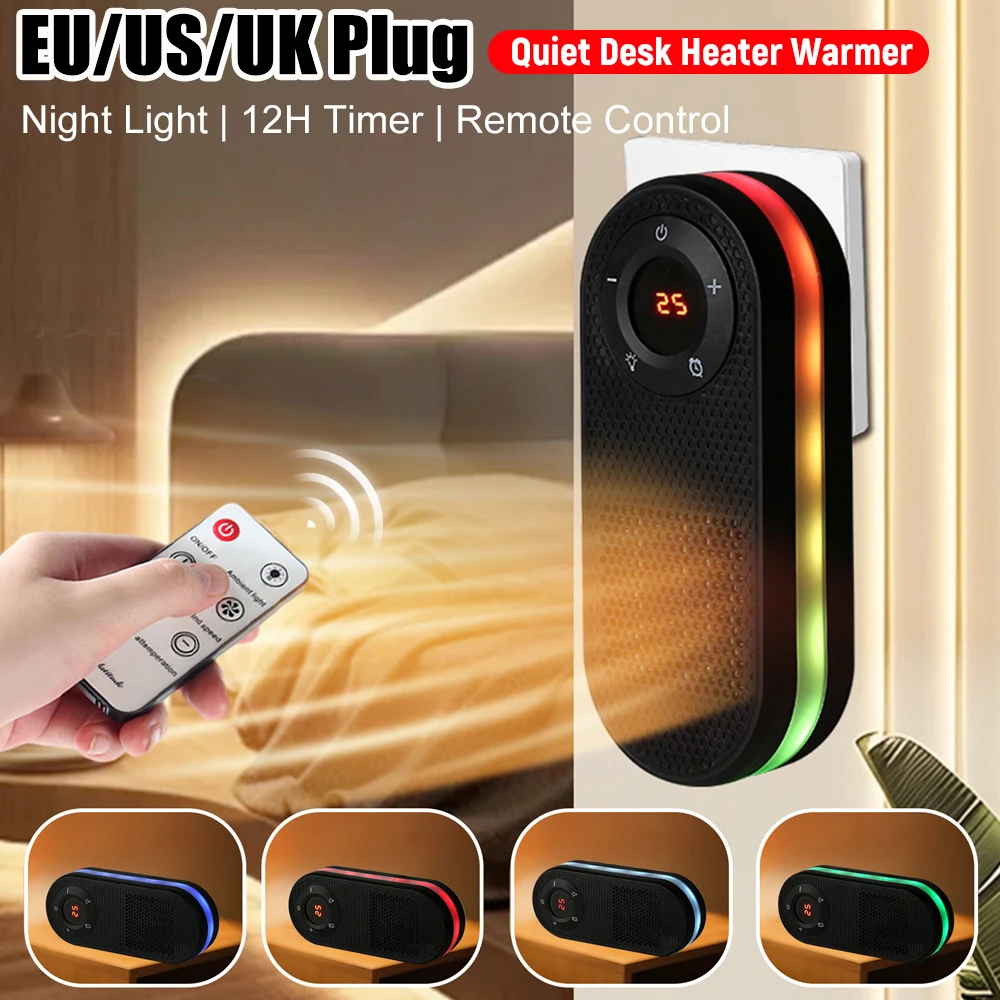 

Quiet Desk Heater With Night Light & Remote Control Winter Indoor Small Warmer Overheat Protection Household Bathroom Heaters