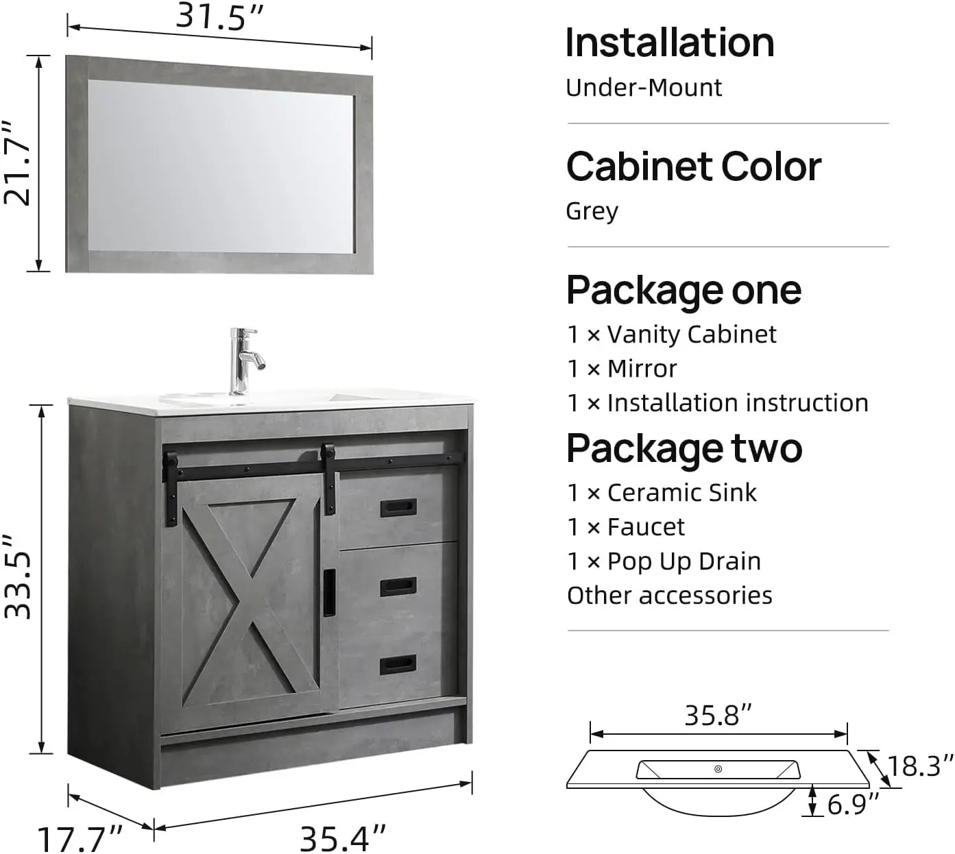 36” Grey Bathroom Vanity with Sink, Modern Wood Cabinet Basin Vessel Sink Set with Mirror, Chrome Faucet, P-Trap 36 Inch