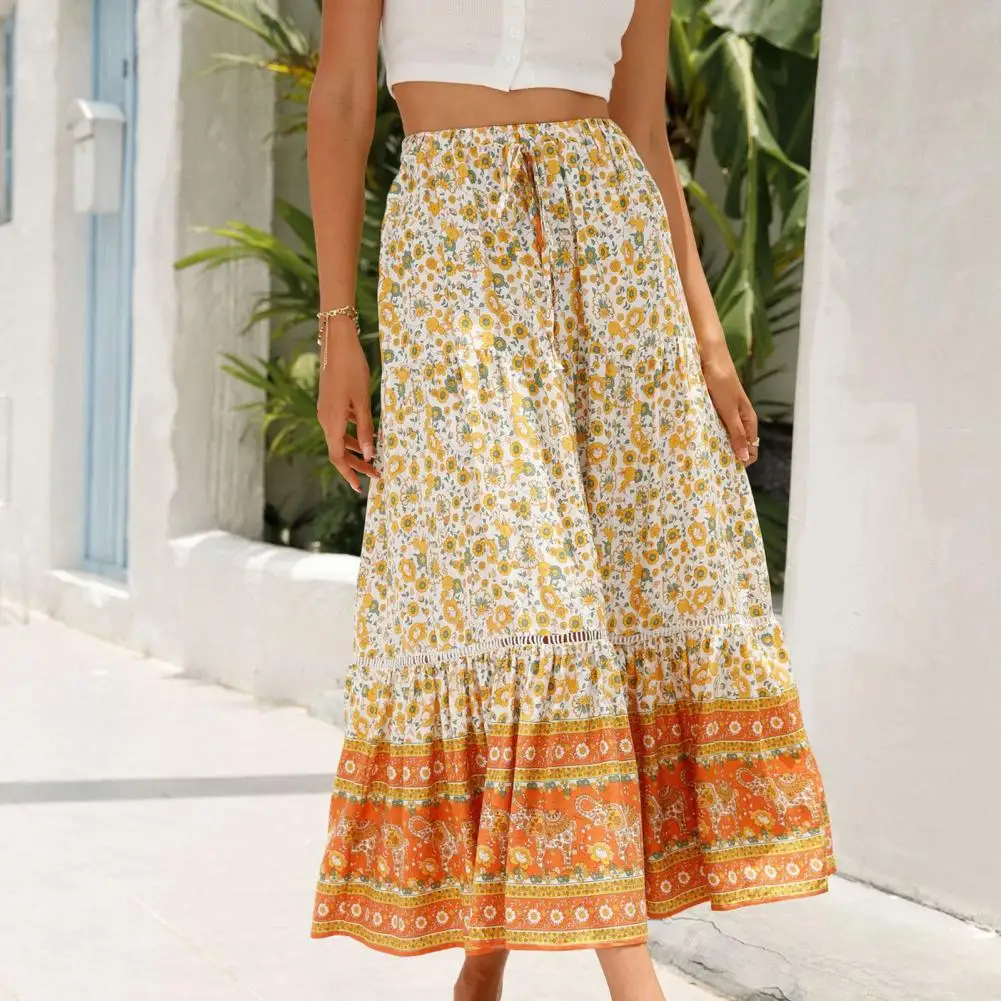 

Vintage High Waist Elastic Patchwork Long Cake A-line Skirt Lace Stitching Long Skirt Beach Holiday Summer Boho Long Maxi Skirt