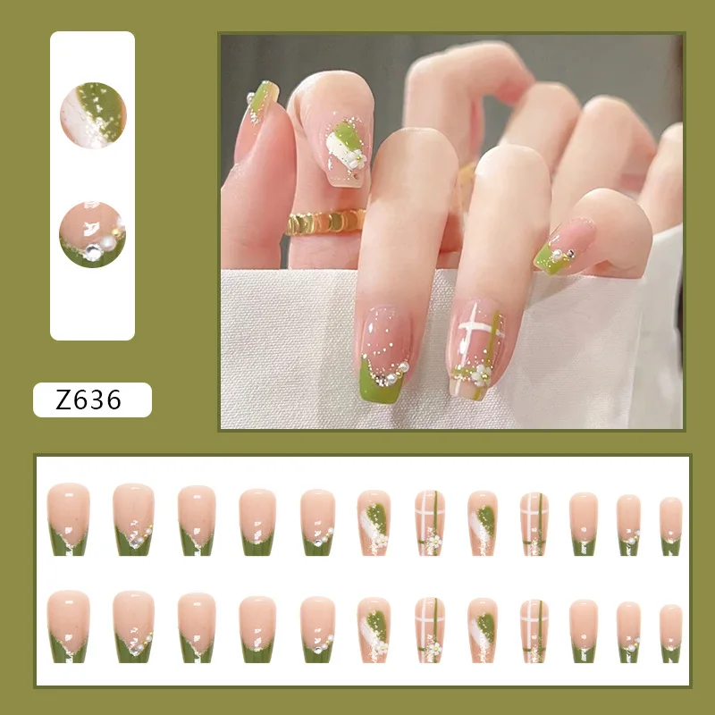 24pcs/set Cute Short Ballet Green French Rhinestone Summer Flower Press on Nails Artificial Fake Nails Medium Manicure for Girls