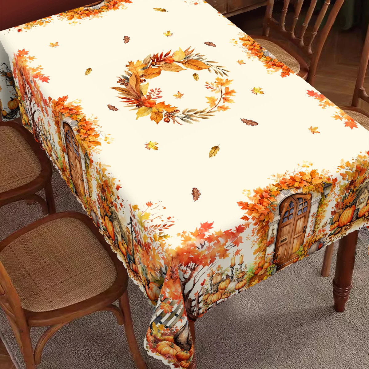 1 Piece Autum Collection Theme Round and Rectangular Tablecloth, Various Sizes, Pumpkin and Autum Fallen Leaf Print Pattern Decorative Tablecloth, Thanksgiving Party Courtyard, Suitable for Home Kitchen, Dining Room Terrace Indoor and Outdoor Use, Gift