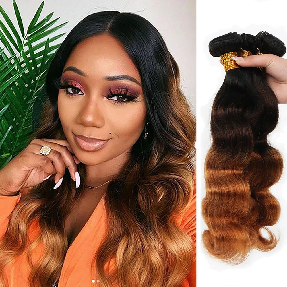 Brazilian Body Wave Cabelo Humano Pacotes, Weave Bundles, Remy Extensão do Cabelo, Ombre, Brown, Colorido, 10A, T1B, 4, 30, 3 Pcs