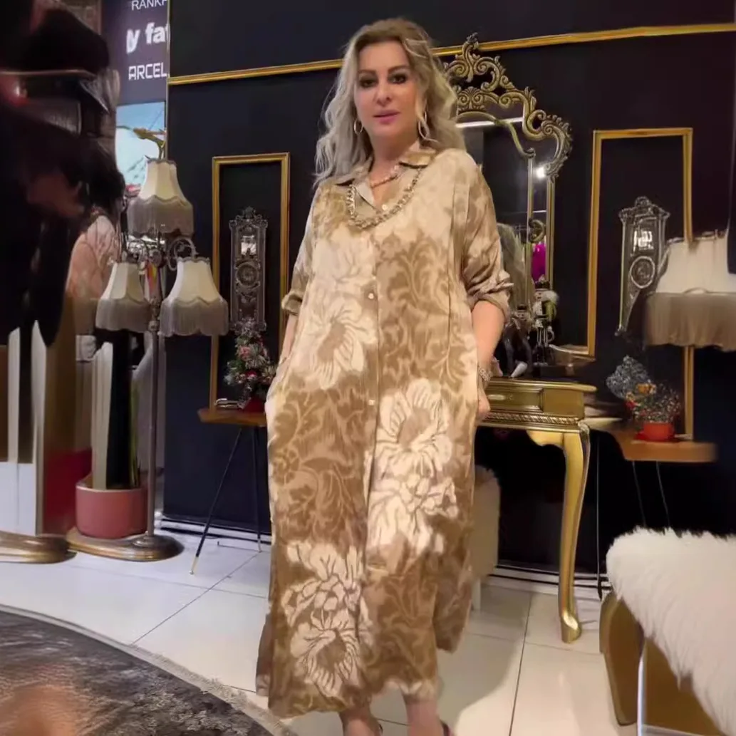 Primavera otoño mujer camisa de manga larga vestido mujer estampado de leopardo Casual suelto botón hasta vestido largo 2025 vacaciones Maxi vestido