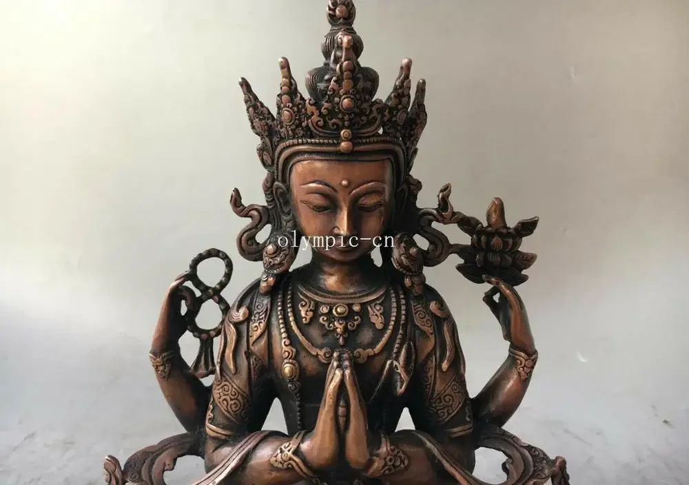 12'' red copper tibet Buddhism four arm Avalokitesvara Manjusri Bodhisattva