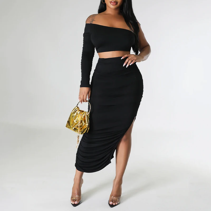 

OMSJ Sexy One Shoulder Backless Tight Short Tops+Draped Mid Length Split Skirts Irregular Solid Two-pieces Party Holiday Outfits