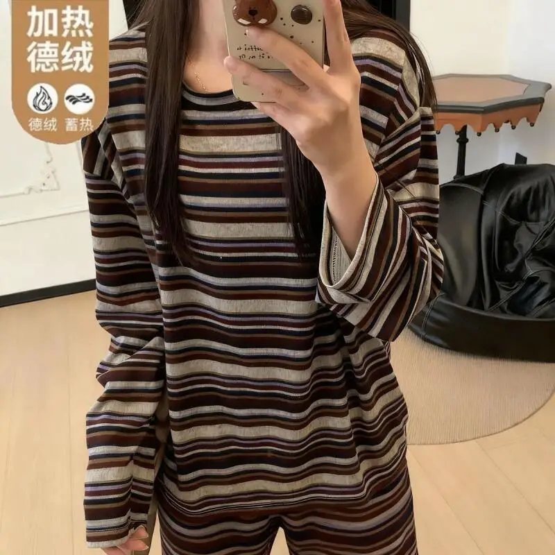 

hot Young girl striped Pajamas Sets Princess Long sleeved Leisure Wear keep warm Autumn Winter Base Home Clothes Outerwear new