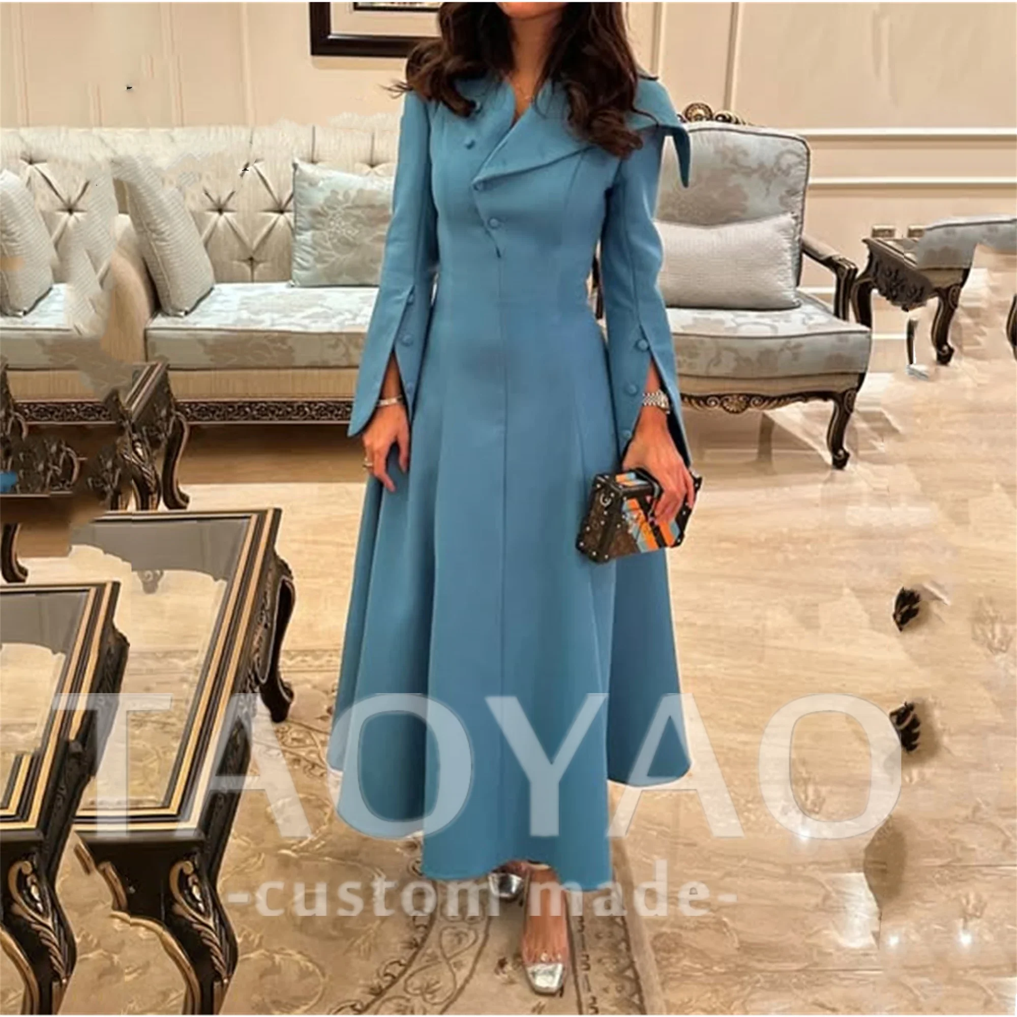 

Evening Dress Woman Customized V-Neck Women's Long Sleeve Evening Party Dress for Special Occasions Blue Long Sleeves Luxurious