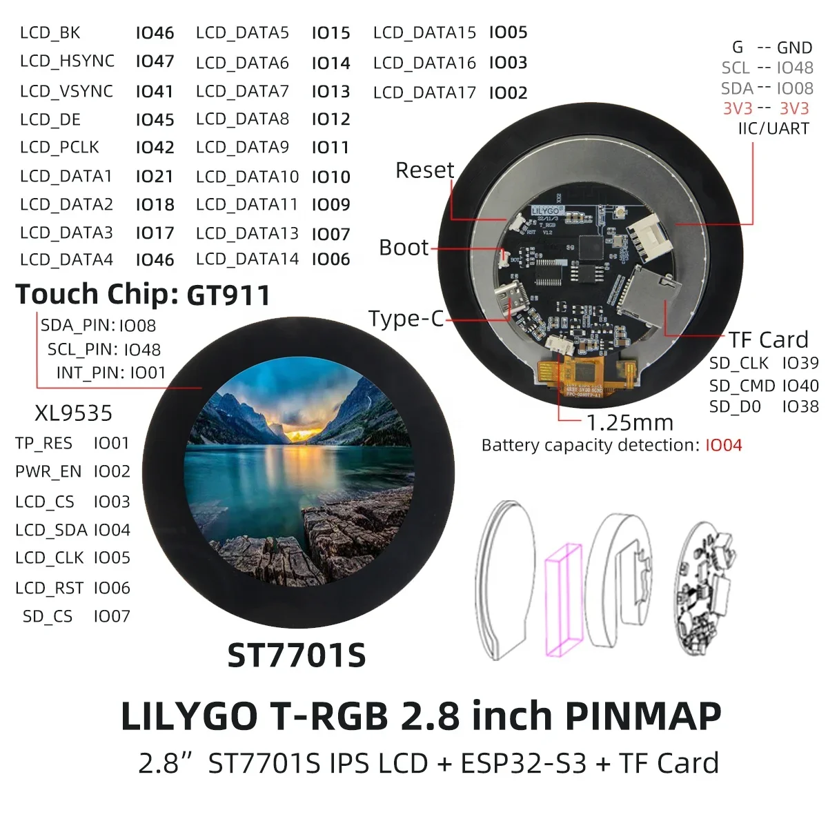 

LILYGO T-RGB 2.8'' Round Display ESP32-S3R8 ST7701S IPS TFT RGB Full Color Touch Screen Development Board