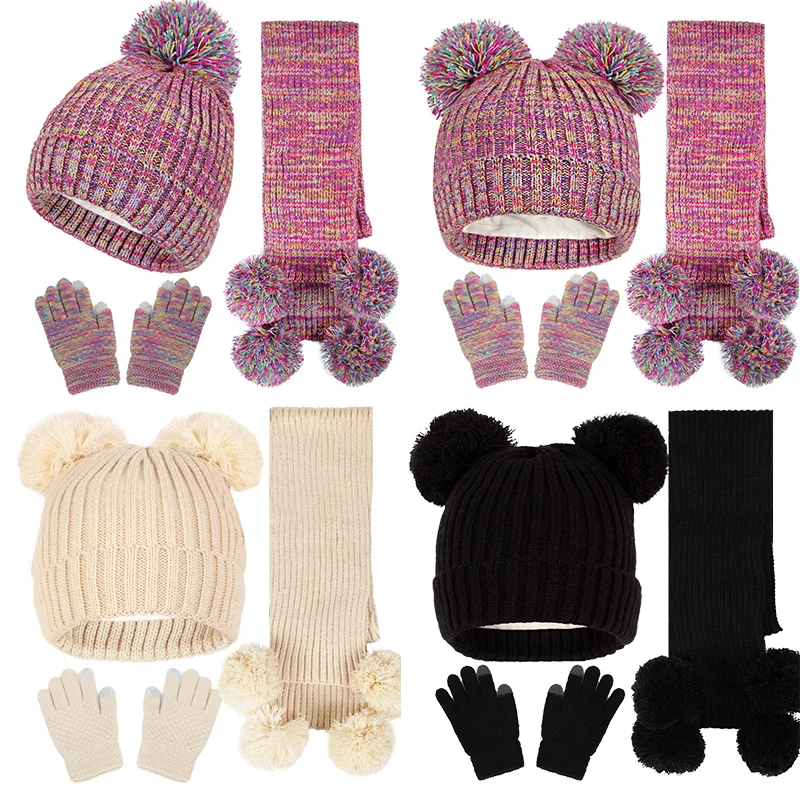 

3Pcs/set Children's Hat Scarf Gloves Double Ball Knitting Hats for Boys Girls Thicken Winter Warm Kids Accessories 2-6 Years Old