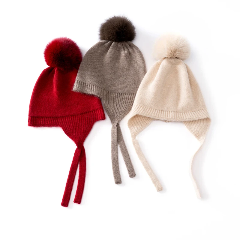 Children's Hat 100% Cashmere Boys and Girls Autumn Winter Warm Ear Protection Hat Pullover Windproof Super Cute Hat Pom Pom Hat