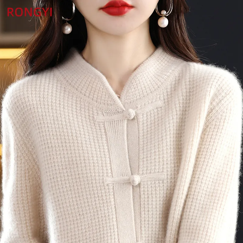 RONGYI 100% Merino Wool Women\'s Buckle Chinese Style Cashmere Cardigan Autumn Winter Warm Solid Color Jacket Top