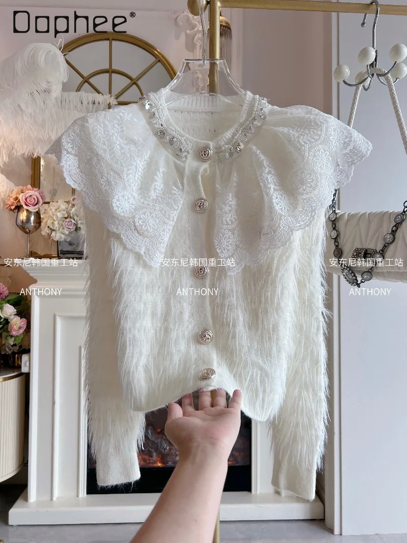 

Осень-зима, свободное однобортное вязаное короткое пальто со стразами и бисером, норковый мех, кукольный воротник, кружевной белый укороченный кардиган