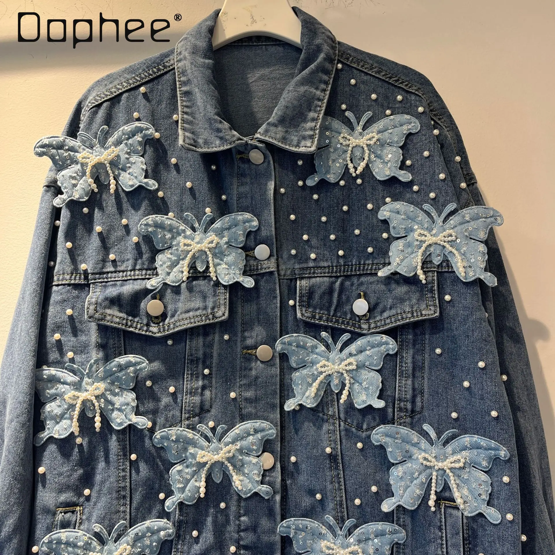 European Heavy Industry Pearl Beaded Three-Dimensional Butterfly Loose Slim Denim Coat High-End Fashion Casual Jackets for Women
