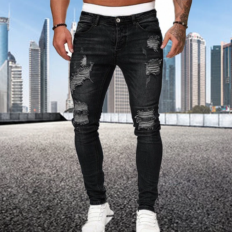 Mode Mannen Stretchy Gescheurde Skinny Jeans Vernield Gat Slanke Denim Hoge Kwaliteit Hiphop Zwarte Jeans Streetwear Cowboybroek