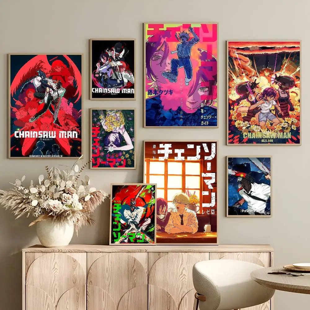 Pósteres de motosierra Man The Movie Reze Arc, carteles de Anime adhesivos de calidad HD, arte de pared, carteles Retro para decoración de pared de habitación del hogar
