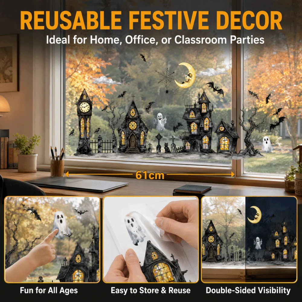 Cartoon Halloween Window Stickers Watercolor Double-Sided Adhesive Electrostatic Decals Ghost Town Reusable