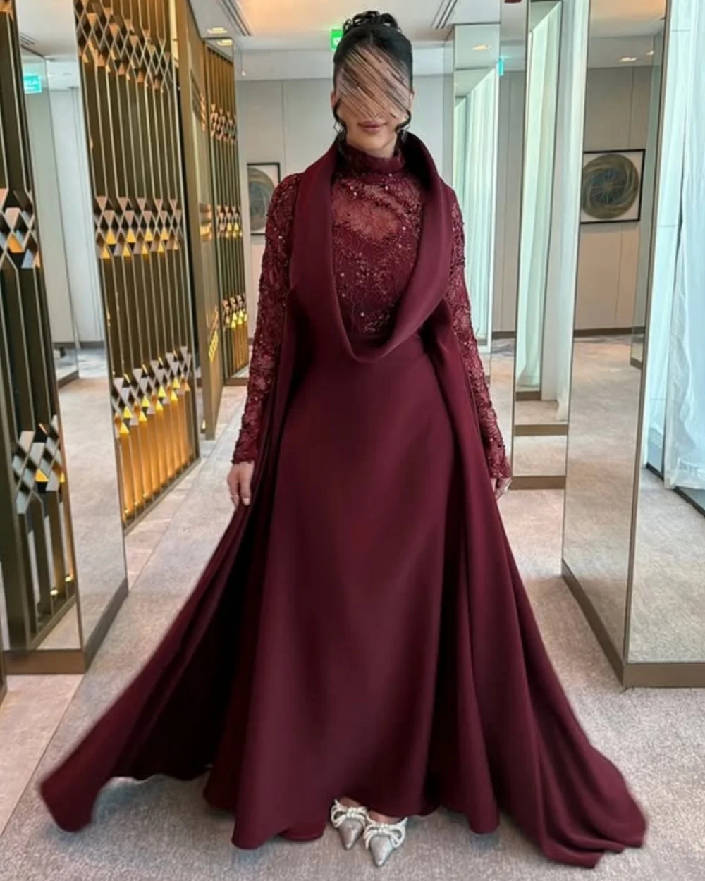 

Customized Fashion Women Jersey Lace Beading Pleat A-line Evening Dress Formal High Collar Long Sleeves Floor Lenght Party Gowns