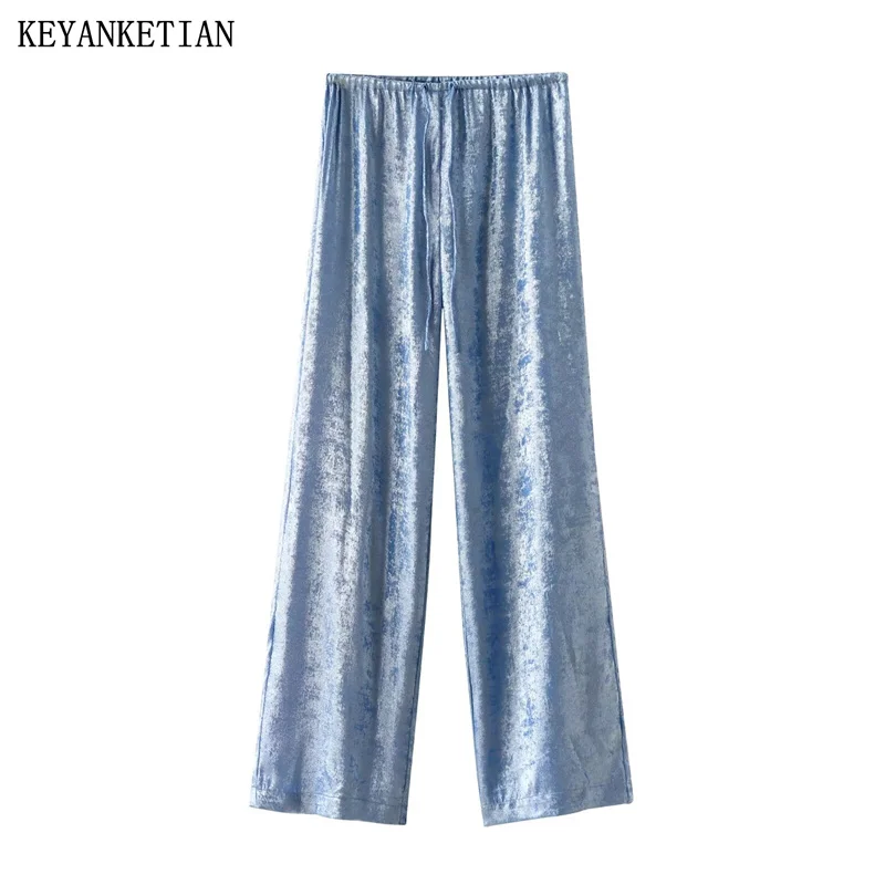 

KEYANKETIAN 2024 New Launch Women's Aluminum Foil Coated Textured Straight-leg Pants Fashion Elastic Waist Thin Long Trousers