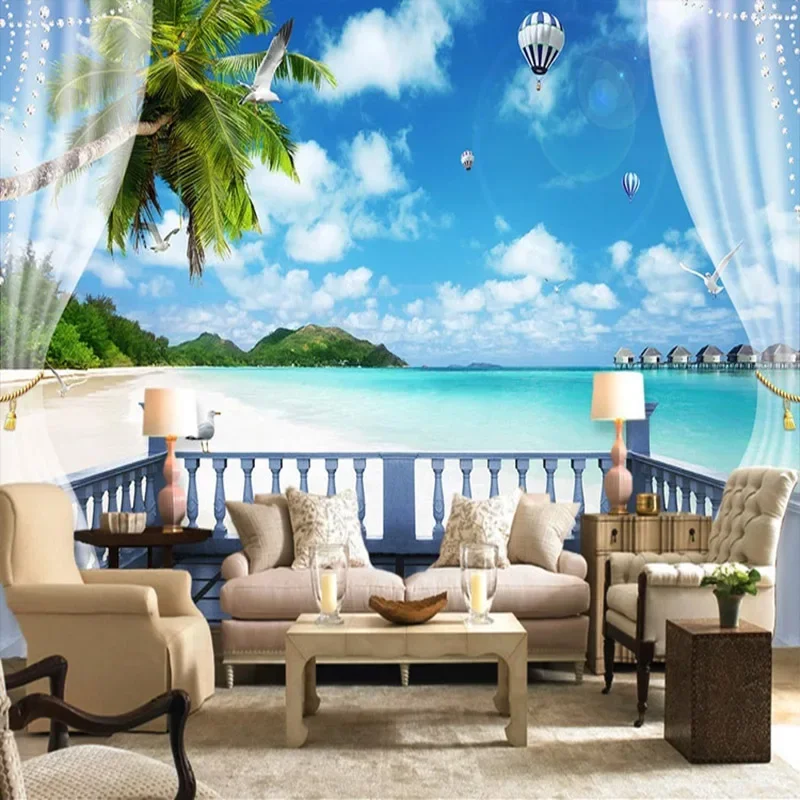 Custom Photo Wallpaper 3D Window Seaside Landscape Murals Living Room Theme Hotel Background Wall Cloth Papel De Parede 3D Sala
