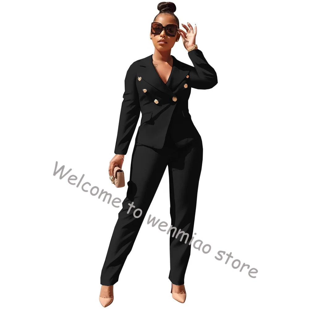 Formal Women\'s Suit Blazer Pants 2 Piece Set Business Office Ladies Work Clothes Double Breasted Jacket Wedding Mom Dress