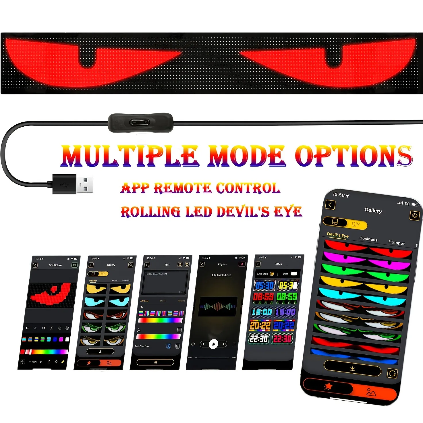 Demon Eye RGB LED Scrolling Sign APP Remote Animated Light, Wall Mount Car Ambient Light Christmas Halloween Party Decor