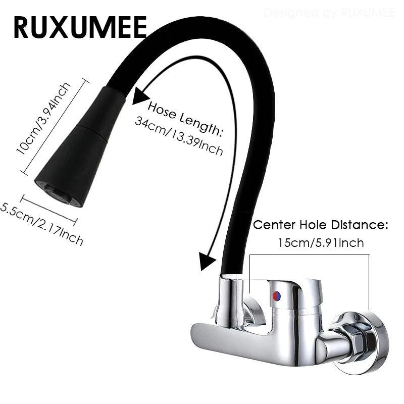 صنبور مطبخ مرن مثبت على الحائط، أوضاع مزدوجة قابلة للدوران 360 درجة، صنابير حوض مياه ساخنة وباردة من الكروم المصقول باللون الأسود