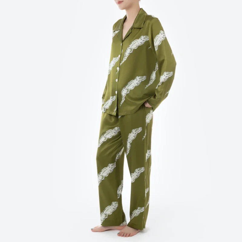 Green Crocodile 100% Mulberry Silk Cute Pajama Set 22MM Silk Long Sleeve Soft Sleepwear Women's Printed Matching Pajamas Couples