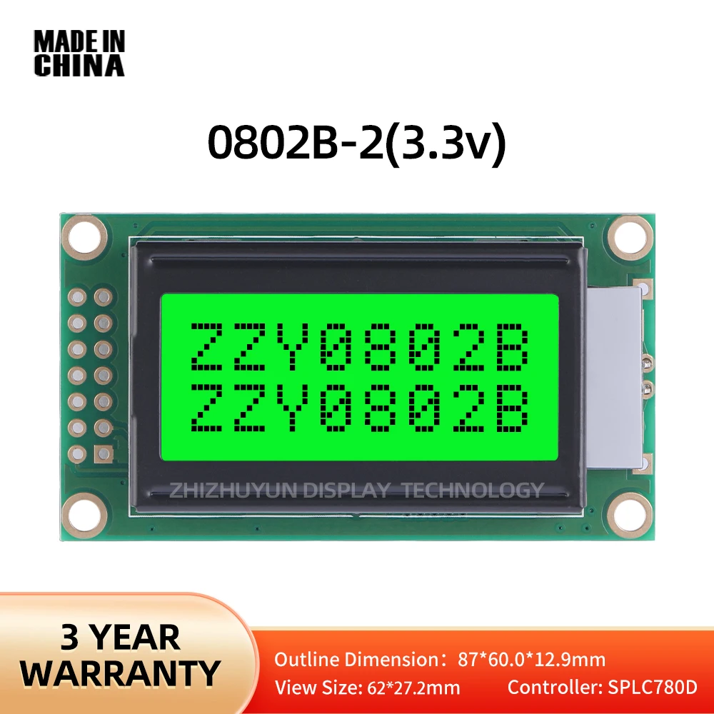 Stabilna dostawa towarów 0802B-2 szmaragdowo-zielone światło czarne znaki angielskie LCD/LCM na ekranie z charakterem ekranu LCD 3.3V