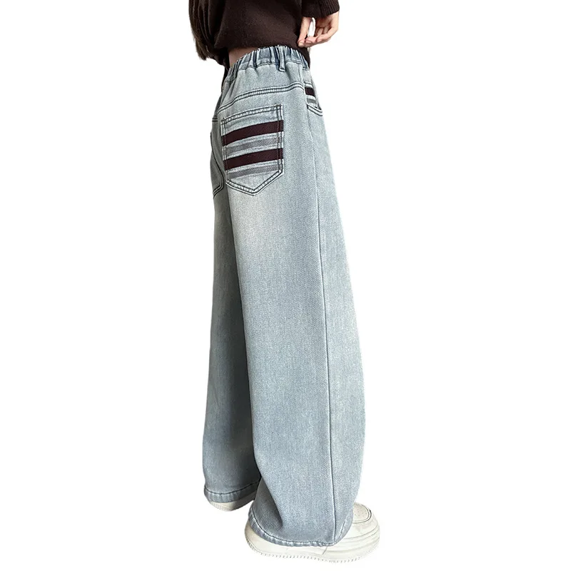 مدرسة فتاة الشتاء الدافئة مستقيم الساق الجينز الاطفال معزول الجينز السراويل الطفل سميكة الدنيم السراويل مع الجيب الخلفي التطريز #5