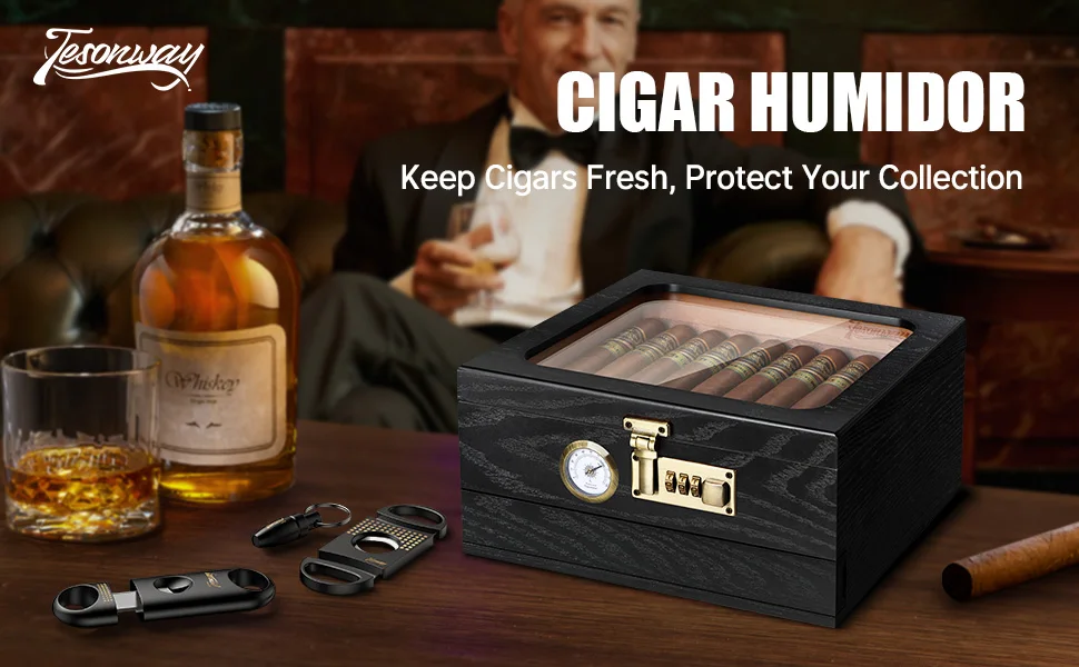 Zigarren-Humidor, Zedernholz-Humidor, Zigarrenbox, Glasplatte, Desktop-Humidor mit Front-Hygrometer, Luftbefeuchter, Teiler, Zubehör, Schublade – Detail 2