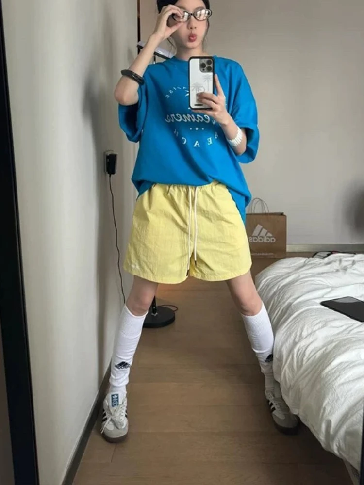 HOUZHOU Harajuku Blue Shorts for Women Korean Style Baggy Sport Short Pants Casual Fashion High Waist Retro Wide Leg Shorts